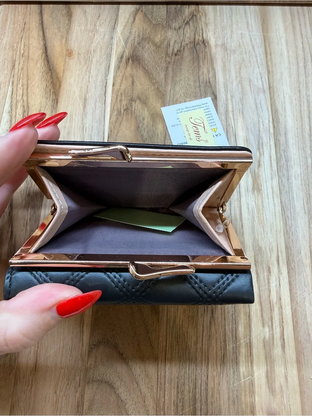 Quilted Black Leather Mini Wallet with Square Gold Emblem